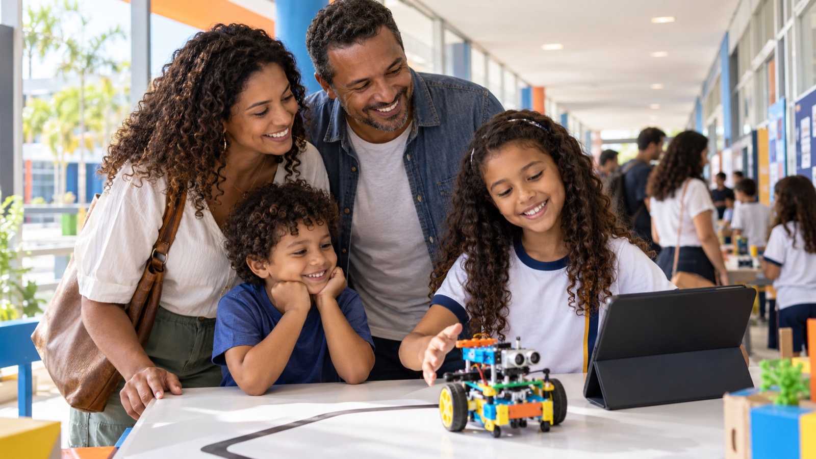 Família sorrindo enquanto a filha mostra o robô que programou num tablet