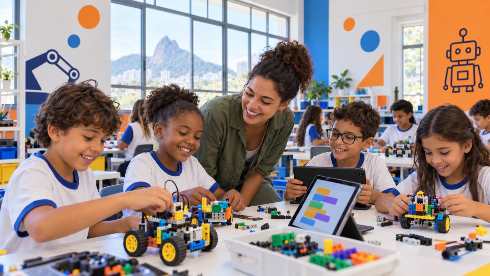 Crianças sorrindo enquanto montam e programam robôs num laboratório moderno, com a professora ao lado