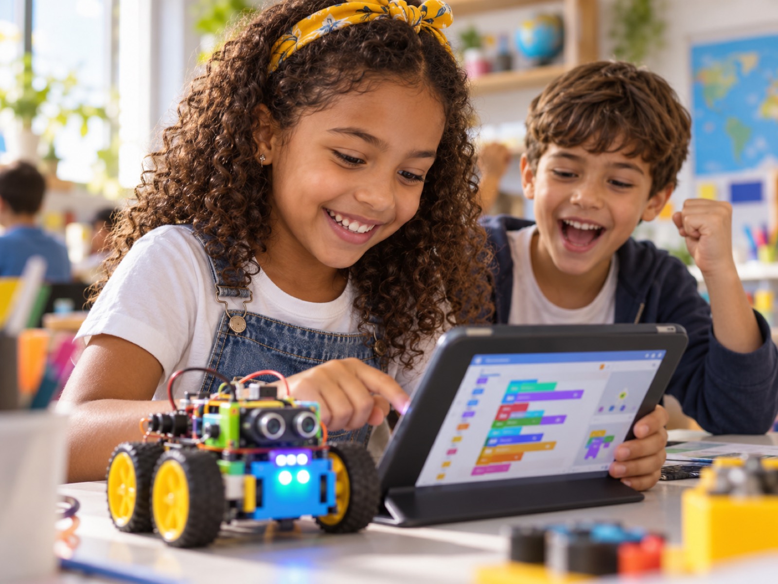 Menina sorrindo enquanto programa um robô num tablet