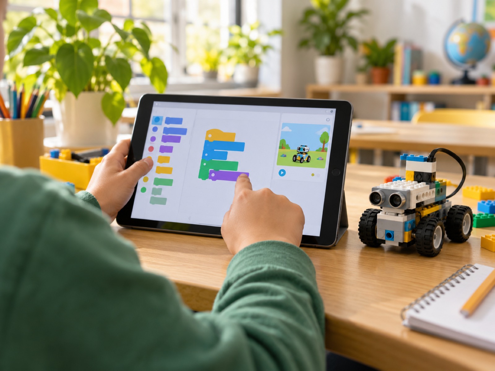 Criança programando em blocos num tablet, com um robô ao lado