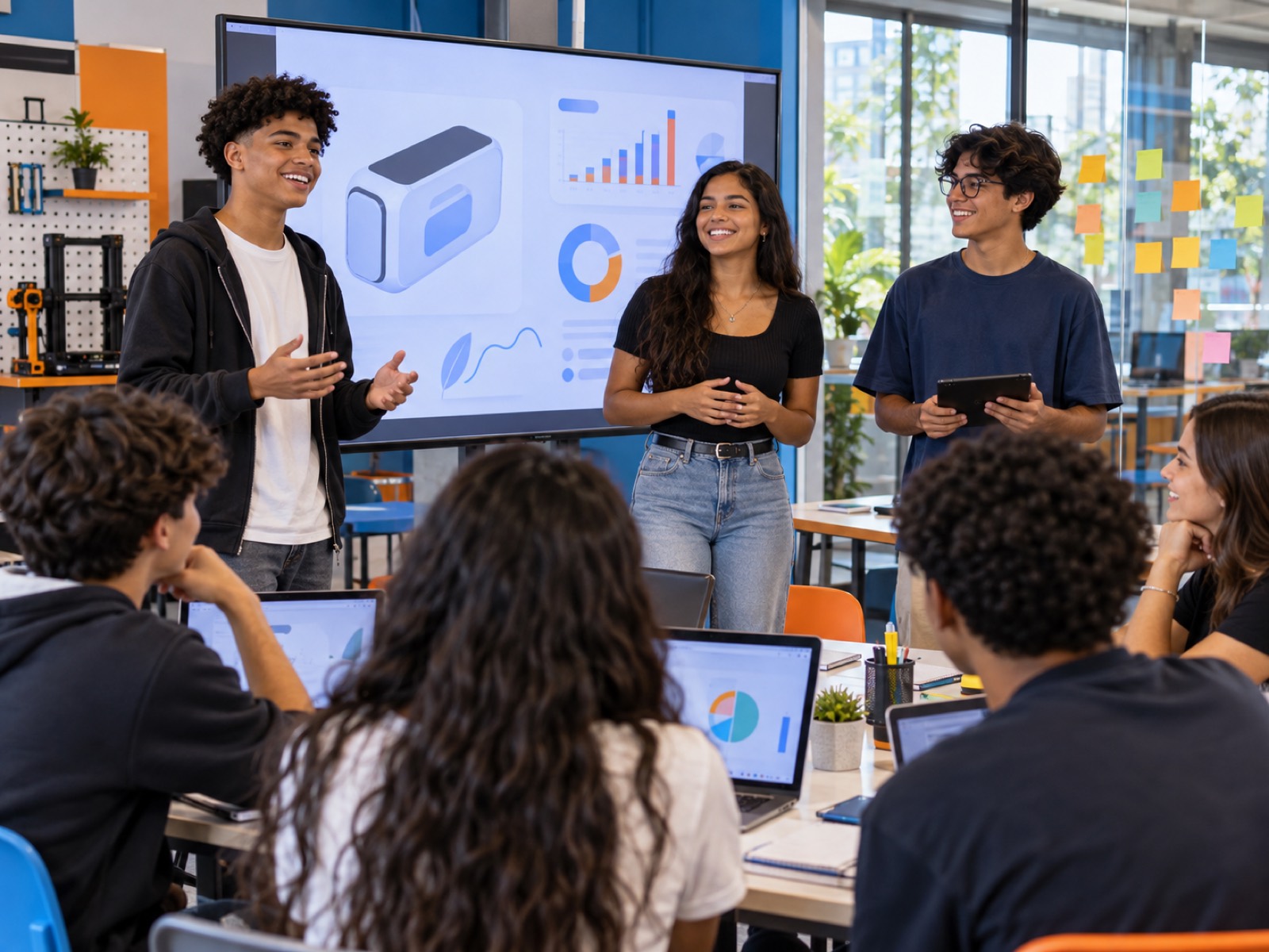Estudantes do Ensino Médio apresentando um projeto de startup